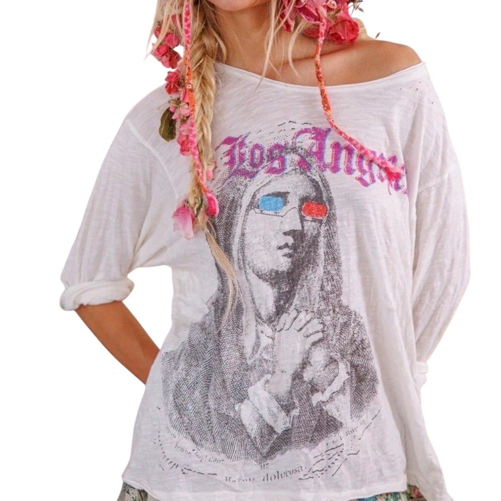 Magnolia Pearl Los Angeles Glitter Saint Viggo Tee Distressed Mother Mary NWT